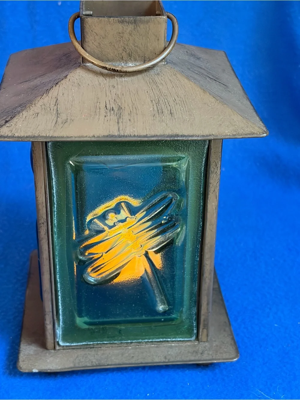 Rustic Bronze Dragonfly Glass Panel Lantern Rare Find- Unbranded vintage